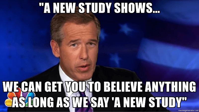 Meme: "A new study shows we can get you to believe anything as long as we say 'a new study.'"