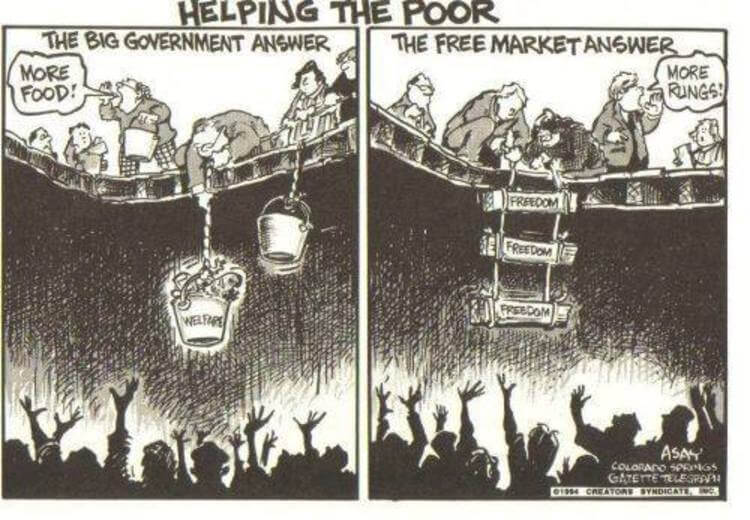 Political Cartoon by Chuck Assay: Helping the poor Free Market vs Big Government