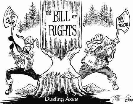 Political Cartoon: Dueling Axes Bipartisan Erosion of the Bill of Rights