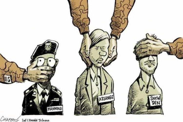 Julian Assange, Bradley Manning, and Edward Snowden see no evil, hear no evil, speak no evil political cartoon.