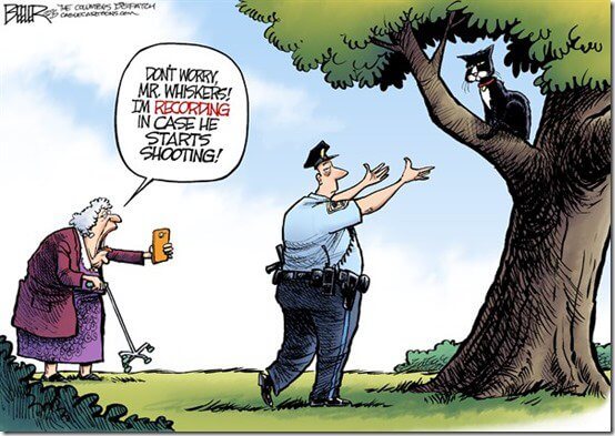 Nate Beeler Political Cartoon Police Shooting Cat in Tree