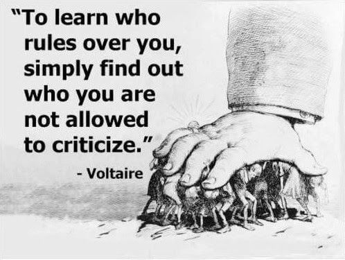 Quote by Voltaire: "To learn who rules over you, simply find out who you are not allowed to criticize."