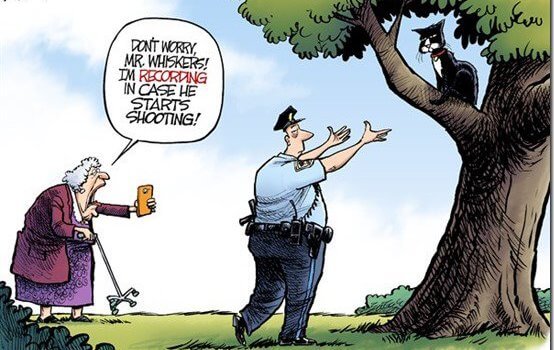 Nate Beeler Political Cartoon Police Shooting Cat in Tree